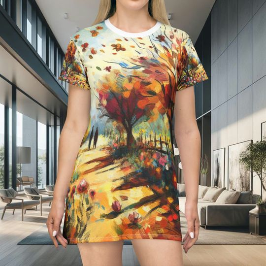 Discover Impressionist Style with Nature Patterns Women T-Shirt Dress