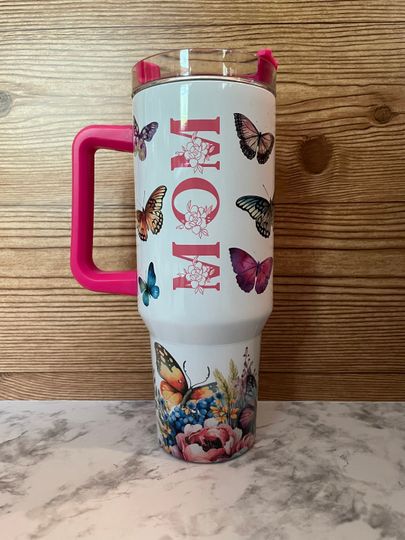 Discover Mom butterfly 40oz tumbler with handle
