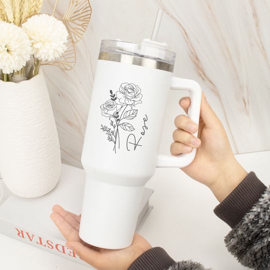Discover Birth Flower Tumbler, Custom 40oz Tumbler with Handle & Straw, Insulated Engraved Cup