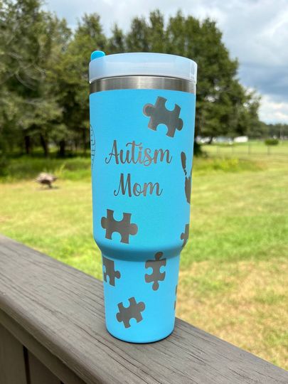 Discover Autism Mom Awareness 40 oz Stainless Steel Insulated Tumbler with Handle, Laser Engraved tumbler
