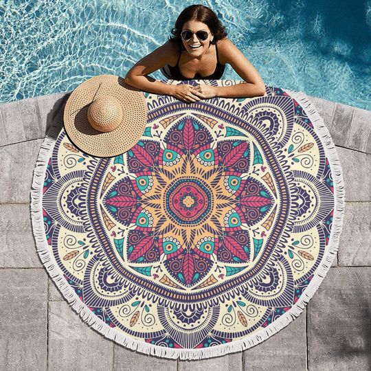 Discover Mandala Round Beach Towel Terry Cloth Blanket, Circle Tassels Fringe Circular Beach