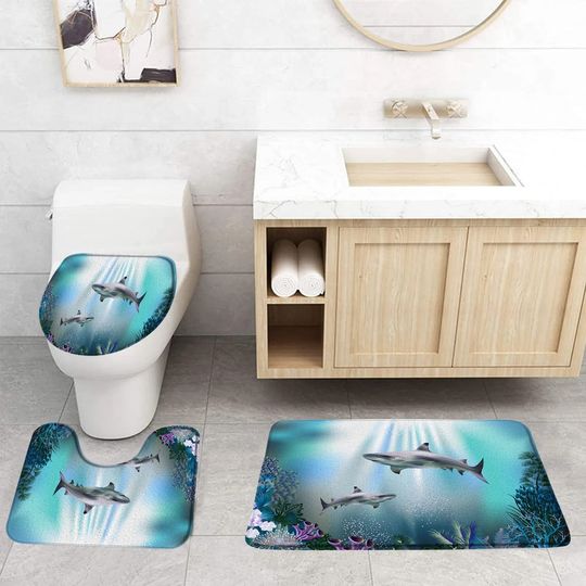 Discover Cartoon Dolphin Marine Animals Fish Coral Ocean Print Bathroom Rug Shower Curtain Bath Mat Non Slip Toilet Lid Cover
