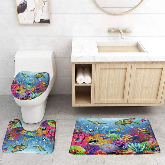 Discover Cartoon Dolphin Marine Animals Fish Coral Ocean Print Bathroom Rug Shower Curtain Bath Mat Non Slip Toilet Lid Cover