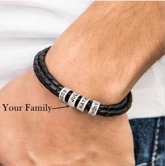 Discover Personalized Engraved Titanium Beads Leather Bracelet