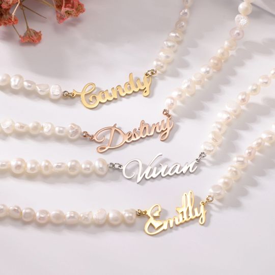 Discover Personalized Freeform Pearl Name Necklace, Custom Freshwater Baroque Pearl Necklace