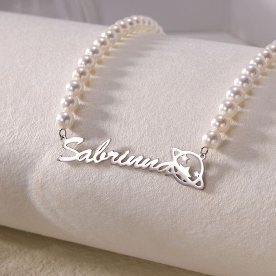 Discover Custom Fresh Water Pearl Choker with Saturn Orb|Celestial Name Necklace