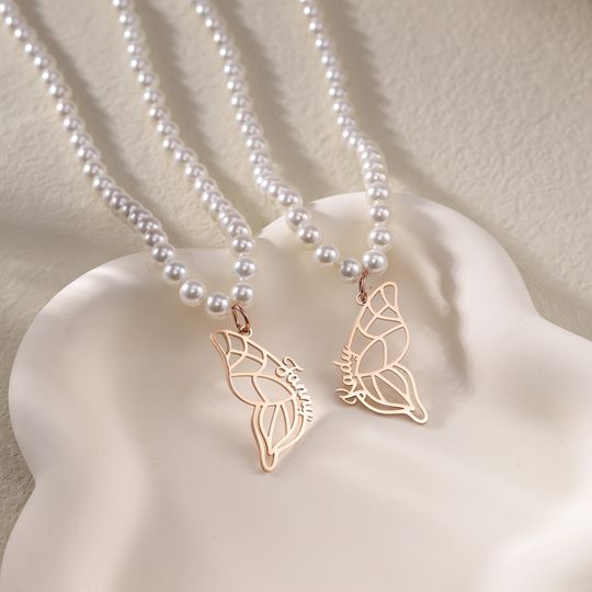 Discover Custom Two Butterfly Necklace with Pearl, Best Friends Necklace Set
