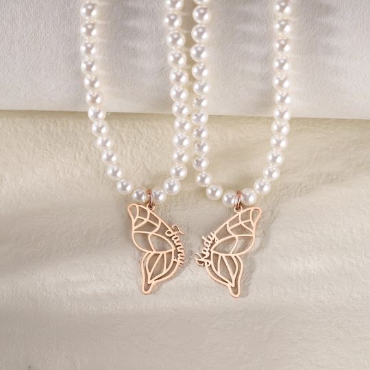 Discover Custom Two Butterfly Necklace with Pearl, Best Friends Necklace Set