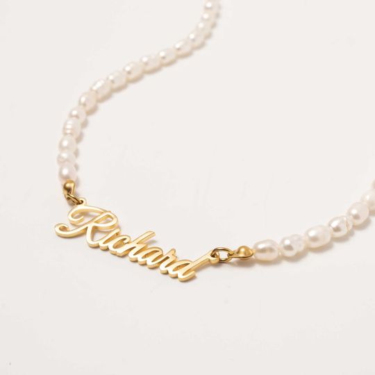 Discover Personalized Name Necklace with Freshwater Pearl Chain - Custom Nameplate Necklace - Elegant Gift for Her - Personalized Gift-Christmas Gift