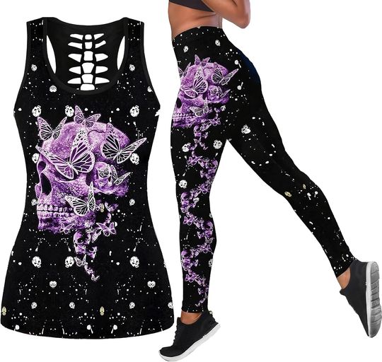 Discover Women’s Sugar Skull Yoga Hollow Tank Top Legging Set