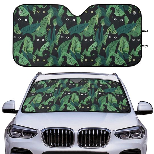 Discover Black Cat Forest Car Auto Sun Shade, Funny Cat Botanical Nature Windshield Sunshade, Summer Car Gift