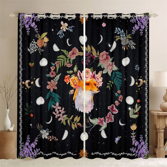 Discover Handmade Floral Fox Window Curtains, Botnaical Flowers Leaves Curtain Set