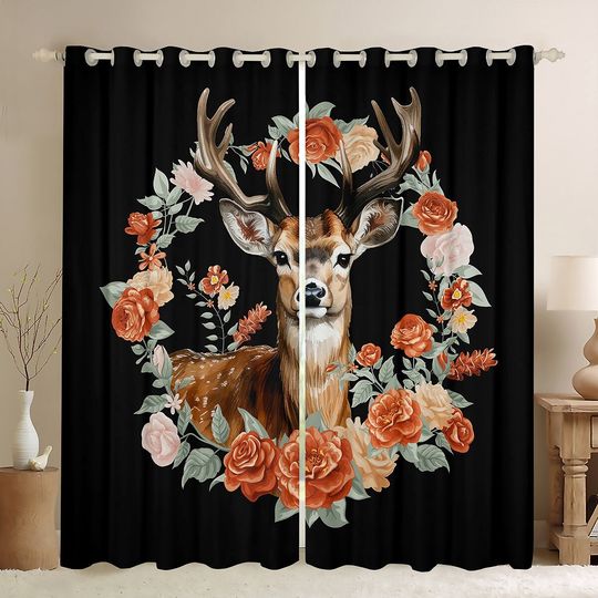 Discover Floral Deer Window Drapes, Wild Jungle Animal Elk Moose Curtain Set
