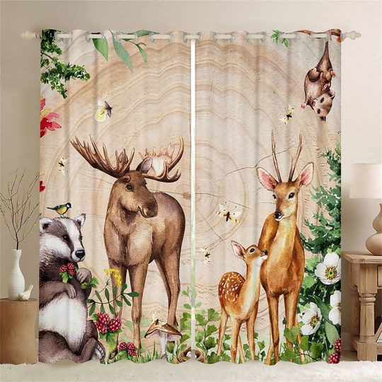 Discover Jungle Animal Window Curtains, Watercolor Deer Elk Bear Window Drapes