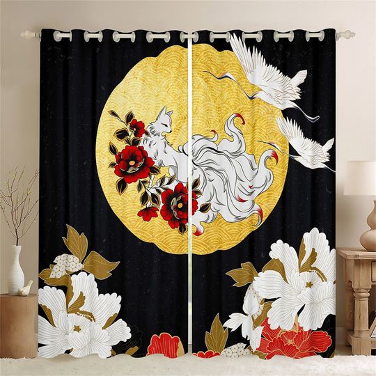 Discover Japanese Style Black Window Curtains, Golden Full Moon Ukiyeo Fox Crane Curtains