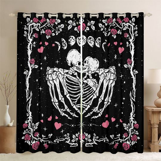 Discover Gothic Skeleton Couple Window Curtains, Pink Flowers Love Hearts Curtain Set