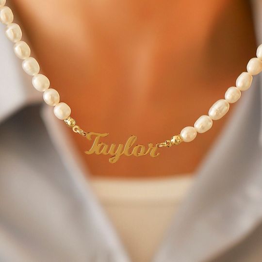 Discover Personalized Pearl Name Necklace, Minimalist Stackable Pearl Necklace - Gift for Mom