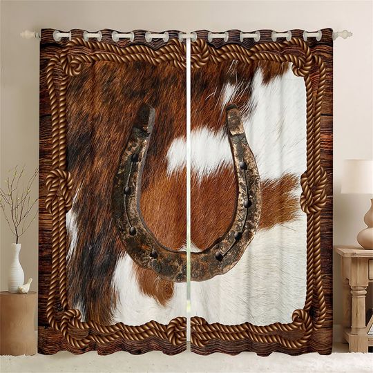 Discover Rustic Horseshoe Window Curtains, Brown Animal Fur (Not Real) Cowhide Print Curtain Set