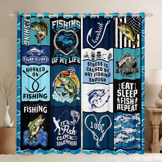 Discover Fishing Lake House Window Curtain Set, Watercolor Blue Plaid Water Ripple Print Curtains