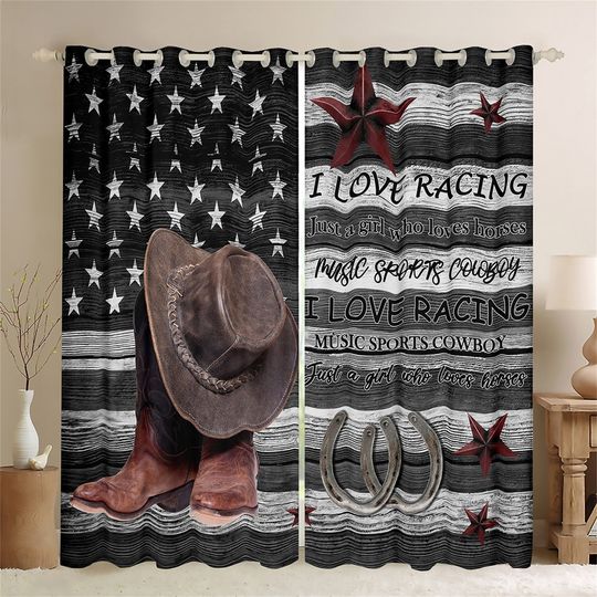 Discover Western Cowboy Window Curtain Set, Vintage Wooden Barn USA Flag Curtains
