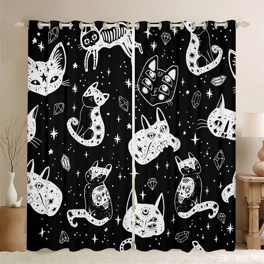 Discover Exotic Cat Handmade Window Curtains, Starry Moon Galaxy Window Drapes