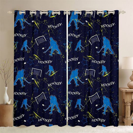 Discover Ice Hockey Handmade Window Curtain Set, Winter Sports Game Athlete Silhouette Window Drapes