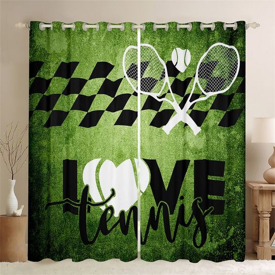 Discover Tennis Sports Window Curtain Set, Black Geometric Diamond Grid Green Court Window Drapes
