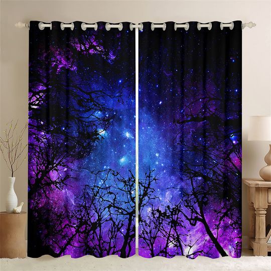 Discover Starry Night Sky Window Curtains, Blue Purple Glitter Galaxy Curtain Set