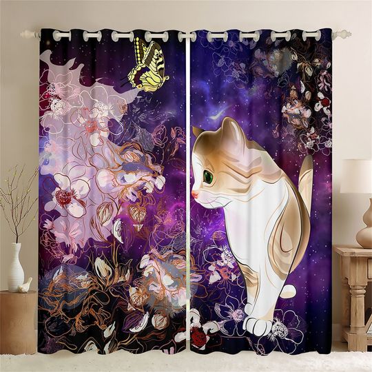 Discover Cute Cat Window Curtain Set, Watercolor Flowers Abstract Petal Window Drapes