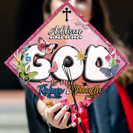 Discover God Is My Refuge And Strength Grad Cap Topper, Personalized Bible Verse Grad Cap Topper