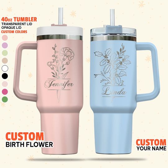 Discover Custom Birth Month Flower Tumbler, Personalized 40oz Tumbler With Handle Lid Straw, Engraved Cup