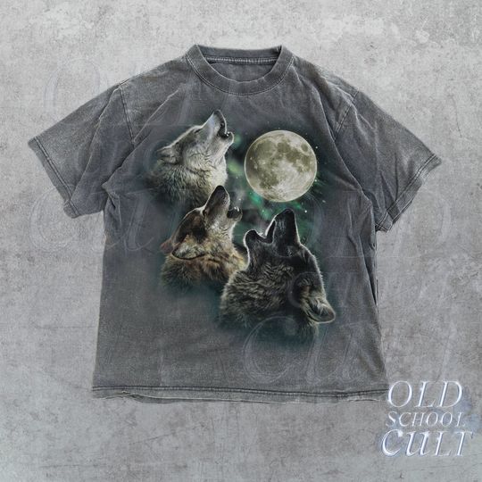 Discover Howling Wolves Vintage 90s Graphic Shirt, Wolf Moon Mineral Wash T-Shirt