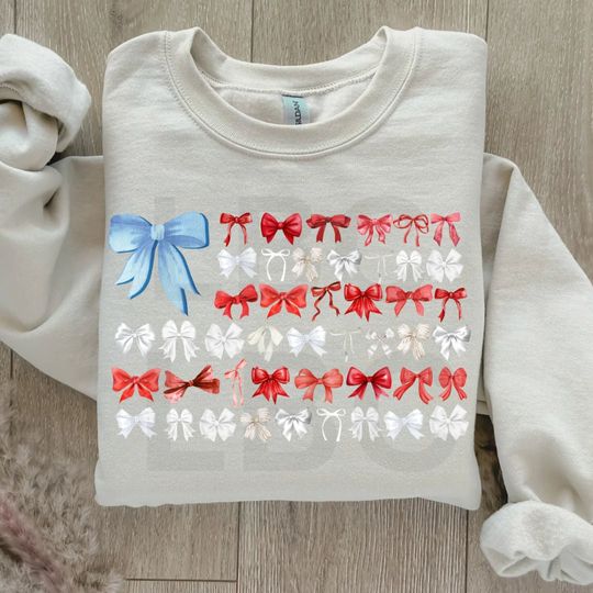 Discover American Flag Bows American Flag Coquette Sweatshirt, Red White Blue Fourth of July