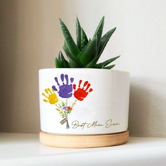 Discover Custom Best Mom Ever Plant Pot Personalized Handprint Floral Bouquet Succulent Plant Pot
