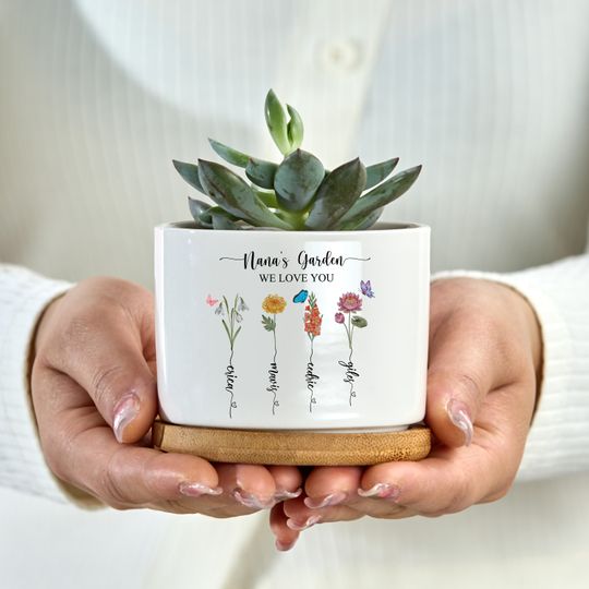 Discover Mini Custom Birth Month Flowers Grandma Plant Pot, Custom Grandma's Garden Plant Pot