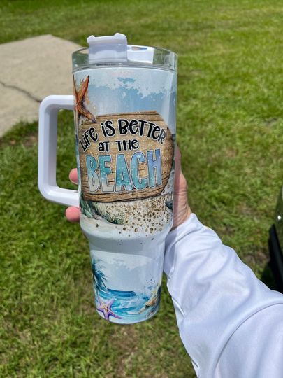 Discover 40oz Stanley style beach themed tumbler