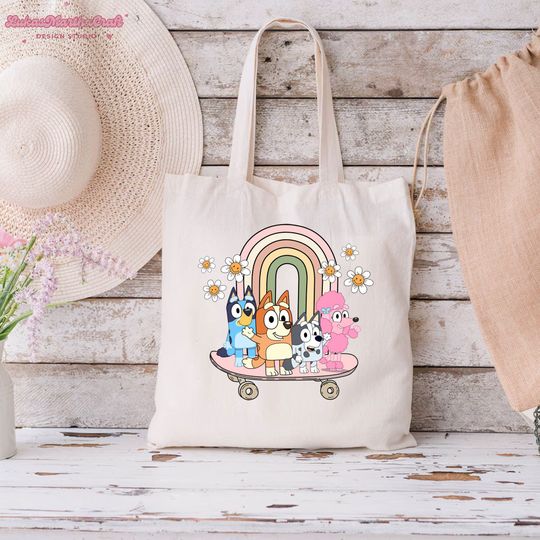 Discover Blue Dog And Friends Skateboarding Canvas Tote Bag
