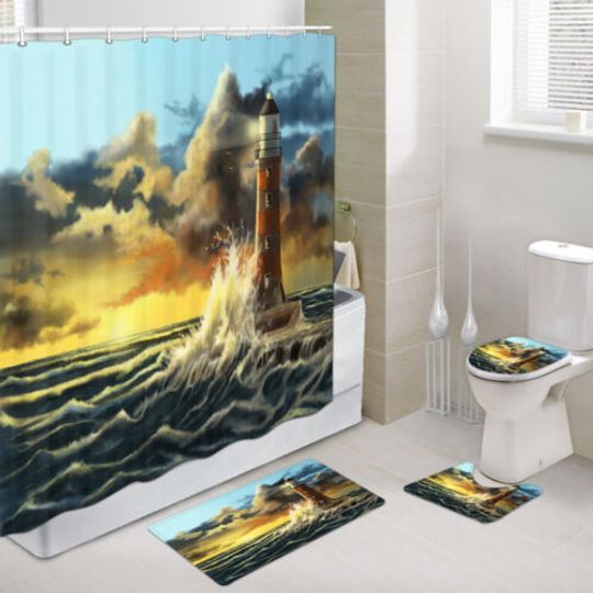 Discover Waves and Lighthouse Shower Curtain Toilet Cover Rug Bath Mat Contour Rug Set