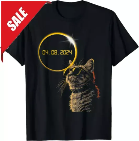 Discover Total Solar Eclipse 2024 Cat Wearing Solar Eclipse Unisex T-Shirt
