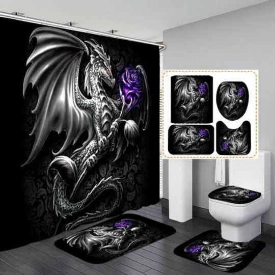 Discover Gothic Dragon Purple Rose Shower Curtain Bath Mat Toilet Seat Lid Cover Rug