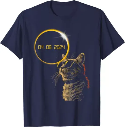 Discover Total Solar Eclipse 2024 Cat Wearing Solar Eclipse Unisex T-Shirt
