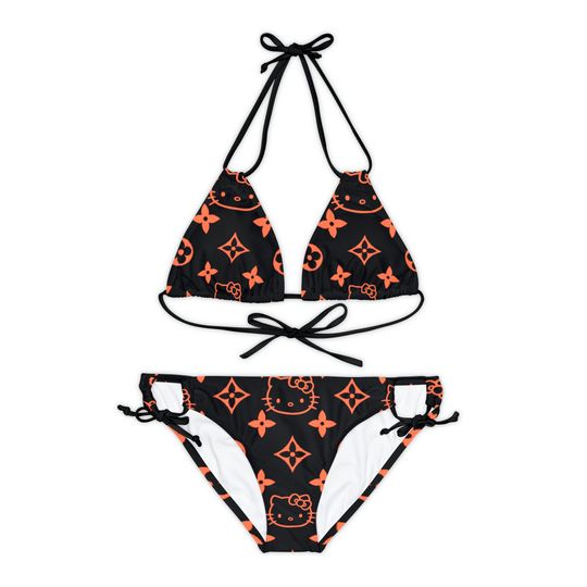 Discover Orange Pink Print Kitty Bikini Set, Cute Swimsuit, Bikini Set