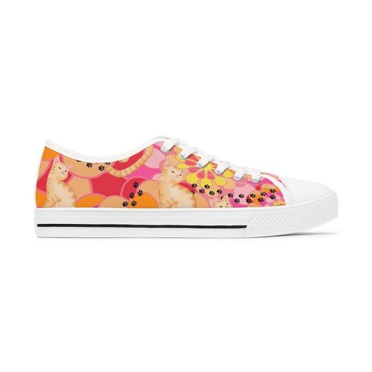 Discover Cat Print Low Top Sneakers - Floral Cat Design - Gift for Cat Mom