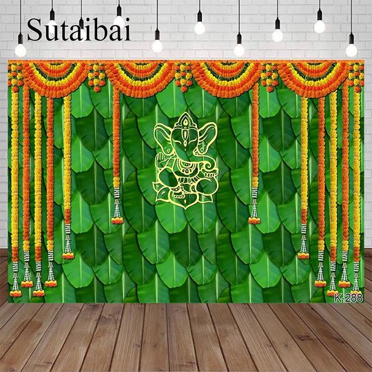 Discover India Pooja Traditional Photography Backdrop Banana Leaf Green