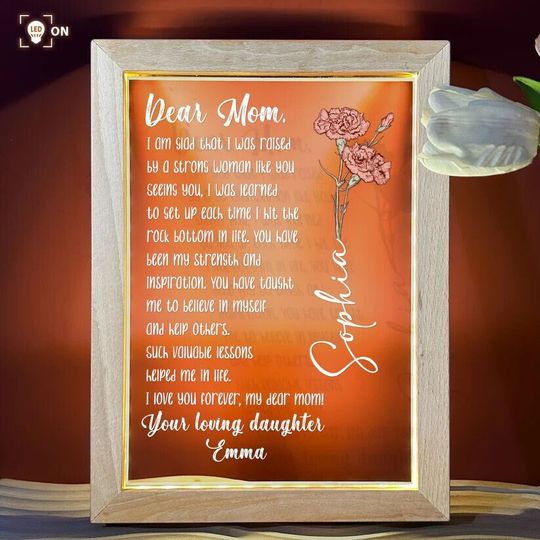 Discover Custom Text I Love You Forever My Dear Mom Mother Day Gift Light Box, Personalized Dear Mom Birth Month Flower Photo Frame Light Box