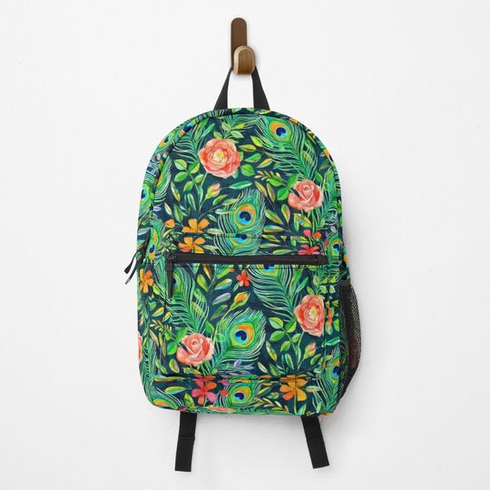 Discover Peacock Feather Posies on dark Backpack