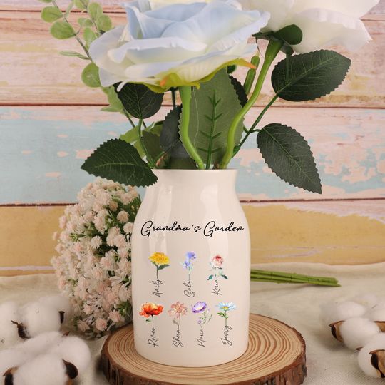 Discover Custom Grandmas Garden Vase, Ceramic Flower Vase, Custom Birthmonth Flower and Name Vase