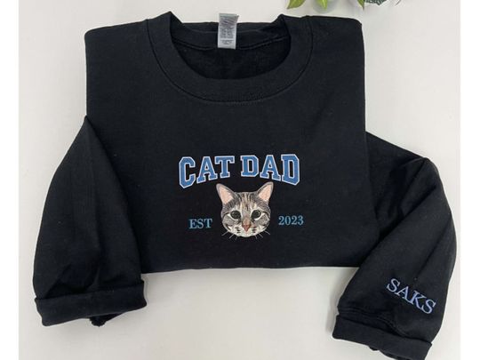 Discover Custom Embroidered Cat from Photo Sweatshirt, Personalized Cat Dad Sweatshirt