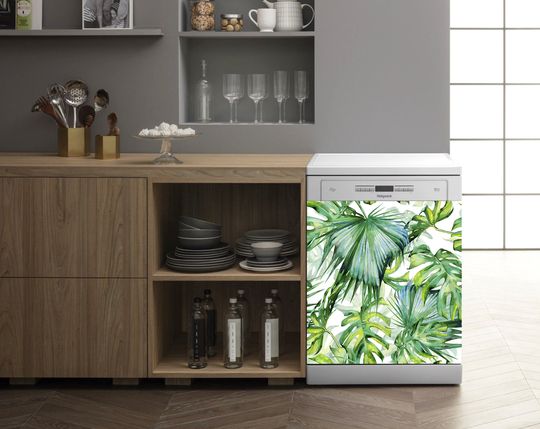 Discover Dishwasher Green Tropical Palm Leaves Pattern Vinyl Skin Flower Dishwasher Kitchen Floral