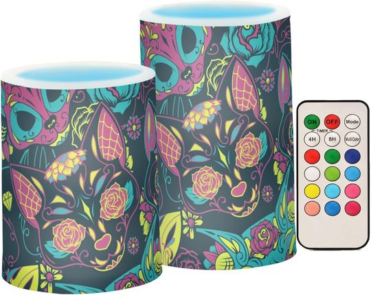Discover Colorful Sugar Cat Skulls Remote Controlled Candles